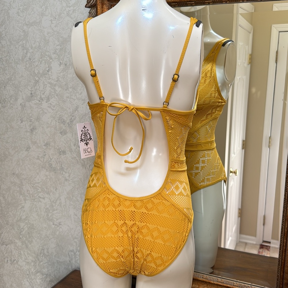 New BECCA Mustard Yellow Lace One Piece Swimsuit. Sz L. Ladder cutout in front. - Picture 2 of 15